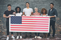 group of people with us flag