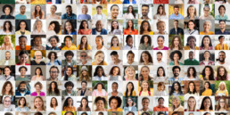 Collage of diverse multiethnic people faces smiling